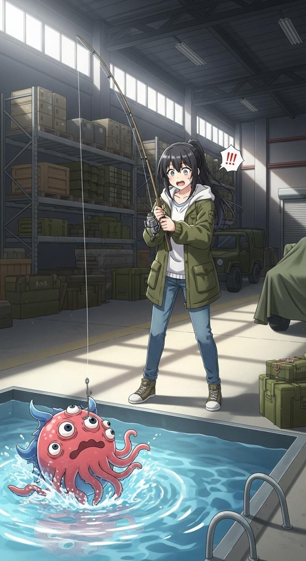 軍事基地倉庫の中で釣りをする