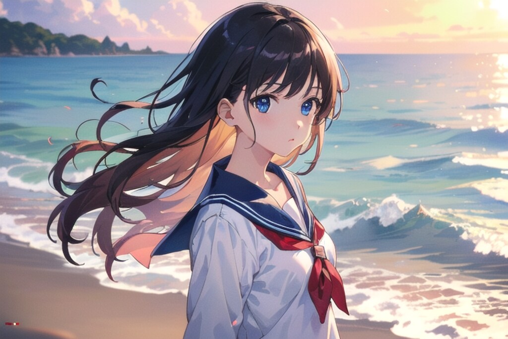 夕陽の砂浜(セーラー服)(20)