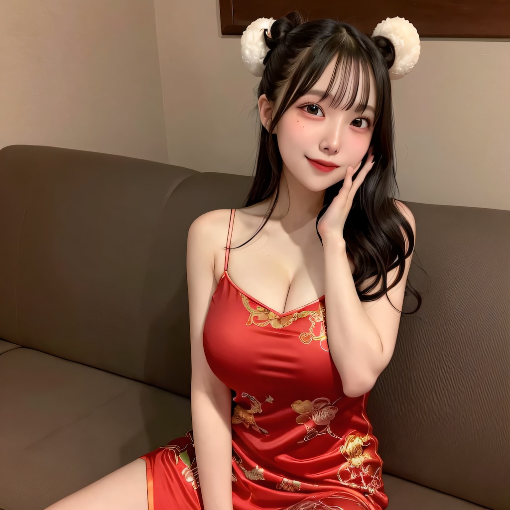 黒髪ツイン団子で中華服の美女１２