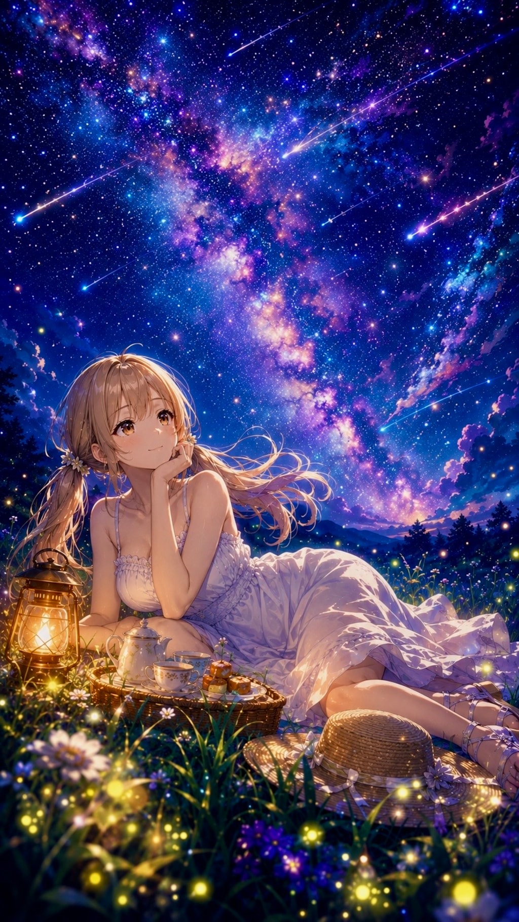 星空の丘で流星群を見る夜