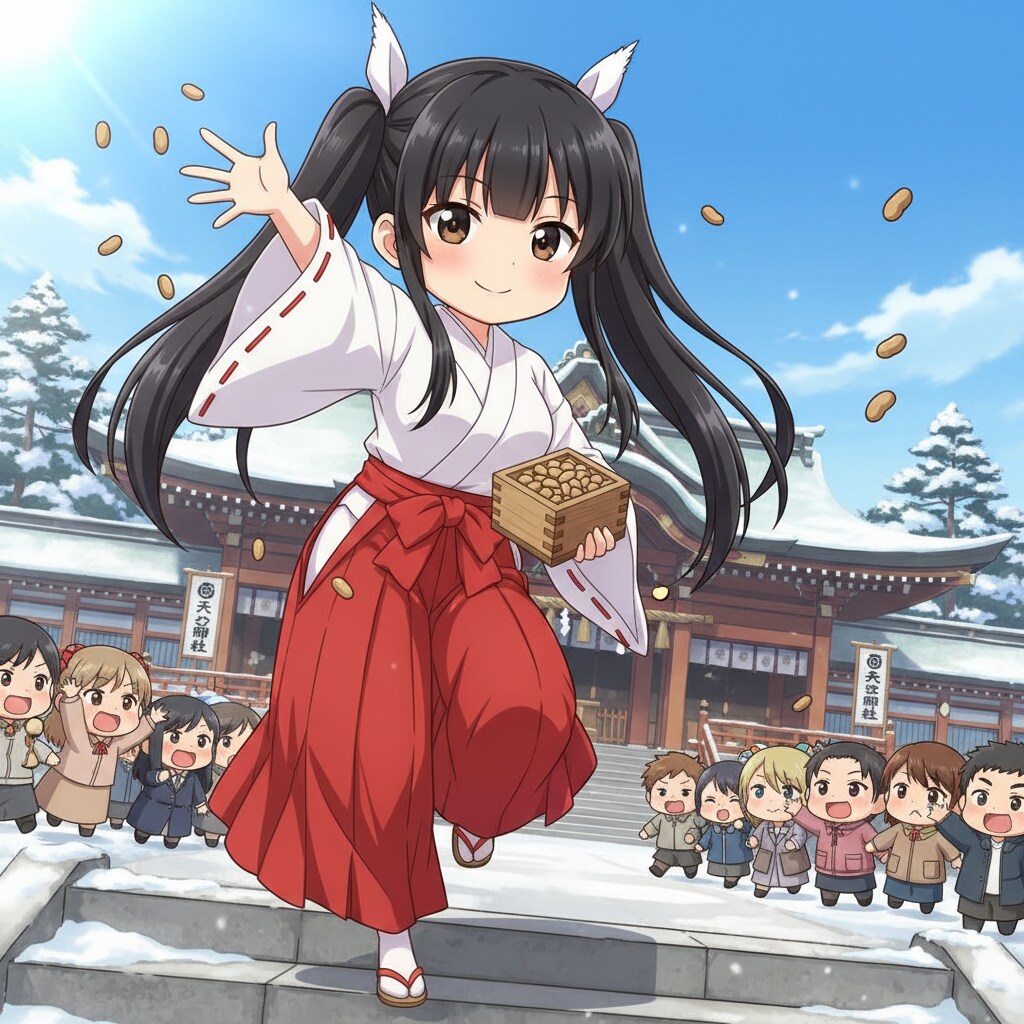 黒ツイさん。節分。巫女。アニメ風。chibi.