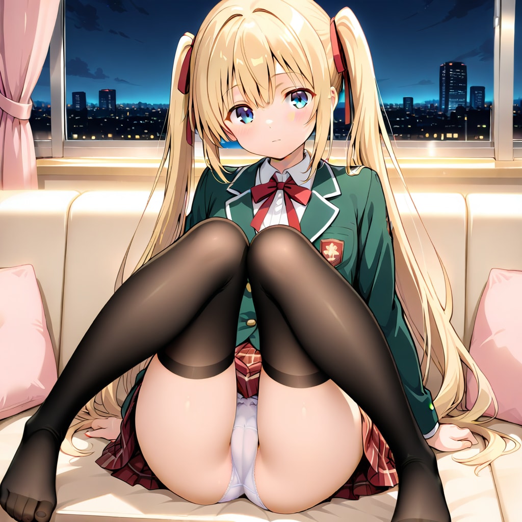 黒ニーハイの脚広げ白パンツ