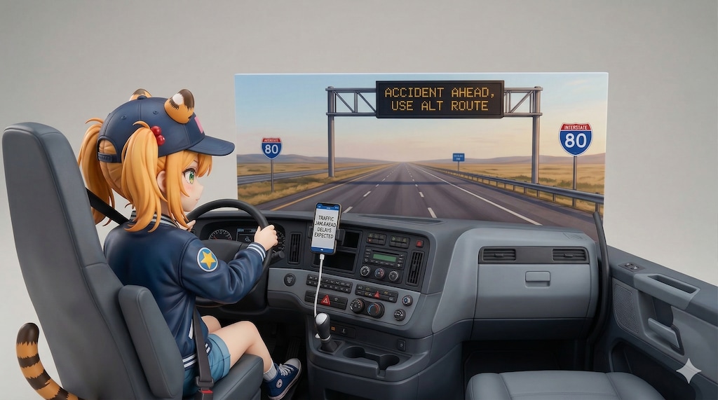 トラブル回避のためトラフィックインフォメーションを確認している虎のトラックドライバー