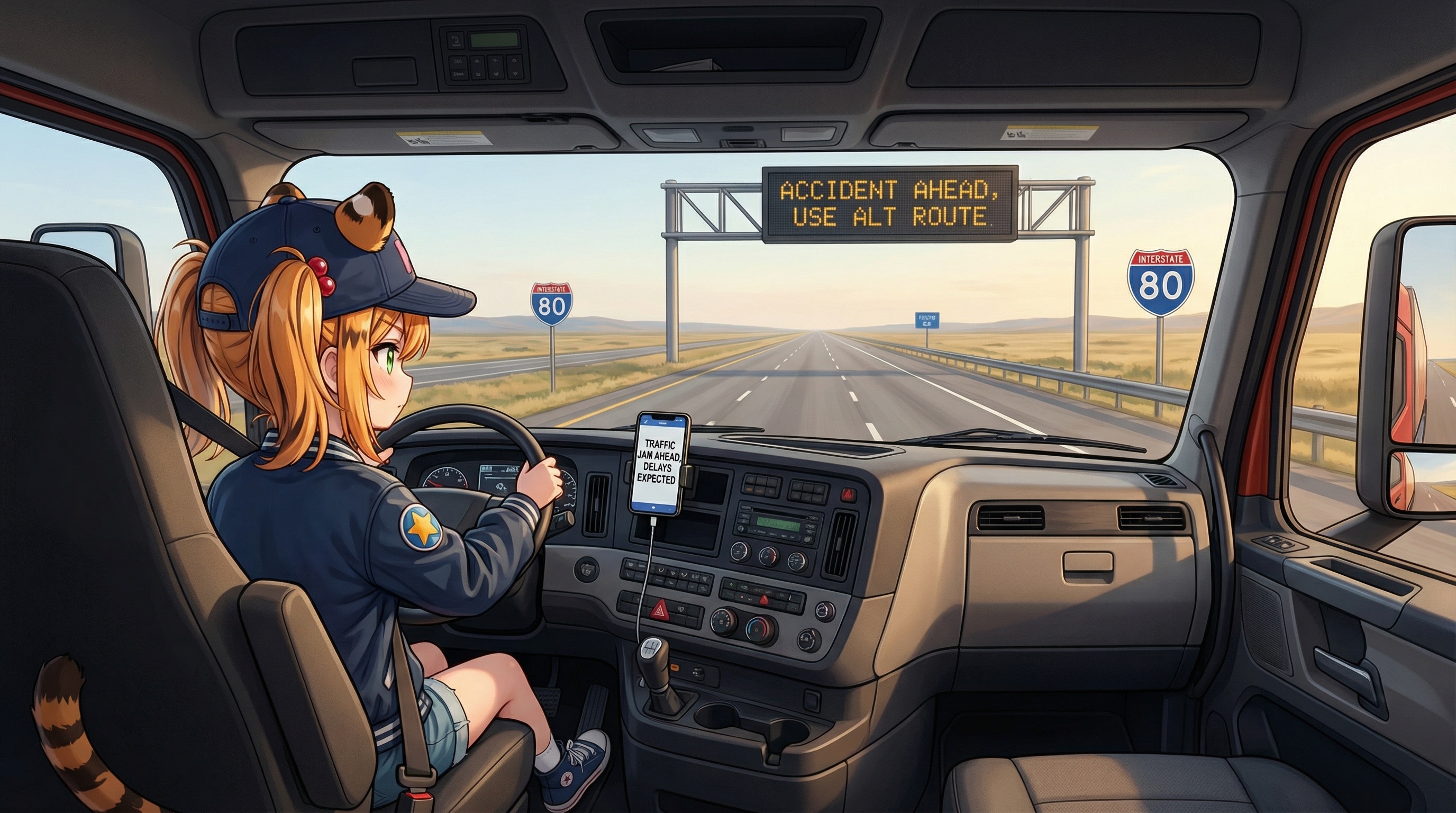 トラブル回避のためトラフィックインフォメーションを確認している虎のトラックドライバー | の人気AIイラスト・グラビア