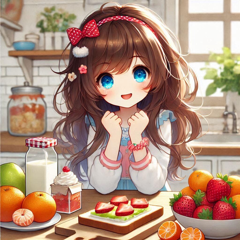 フルーツサンドを作る小さな女の子