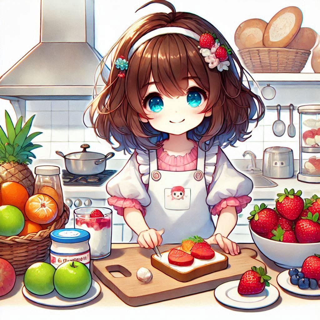 フルーツサンドを作る小さな女の子