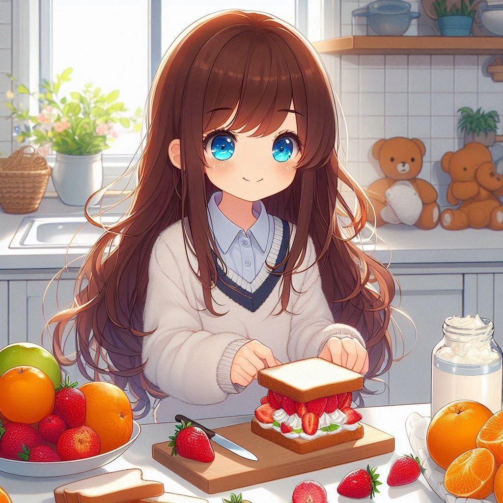 フルーツサンドを作る小さな女の子