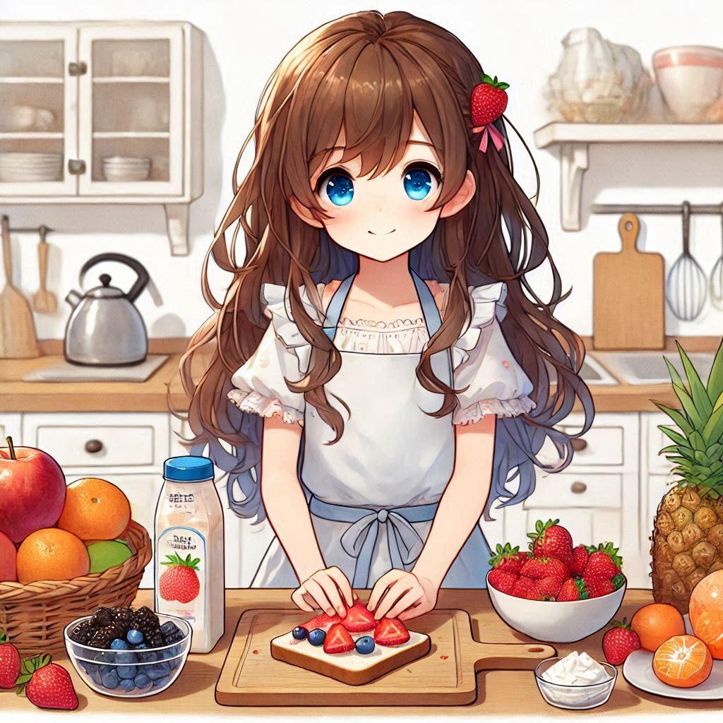 フルーツサンドを作る小さな女の子