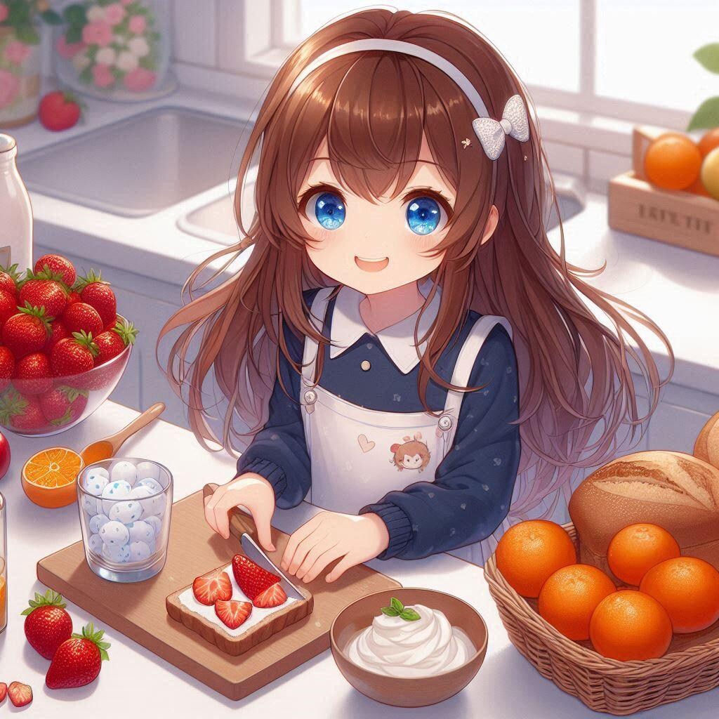 フルーツサンドを作る小さな女の子