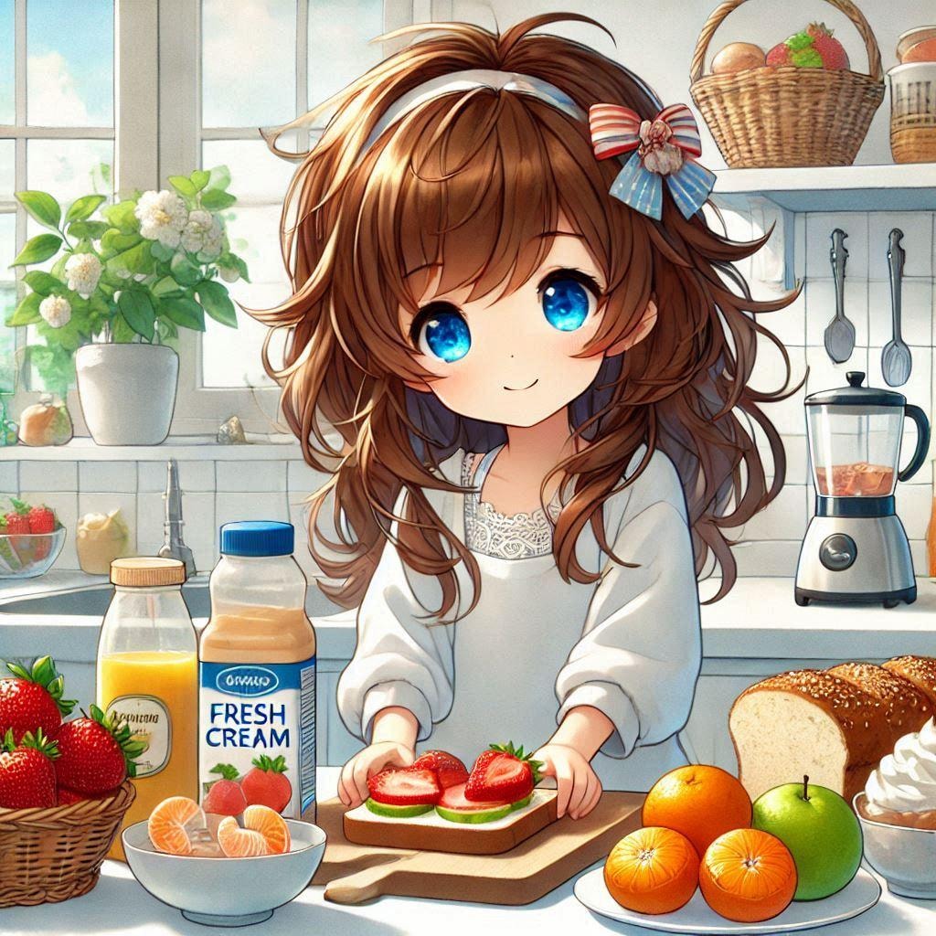 フルーツサンドを作る小さな女の子