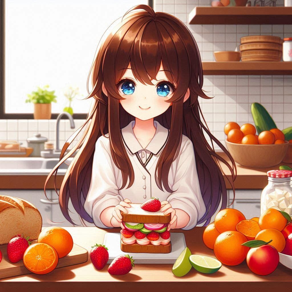 フルーツサンドを作る小さな女の子