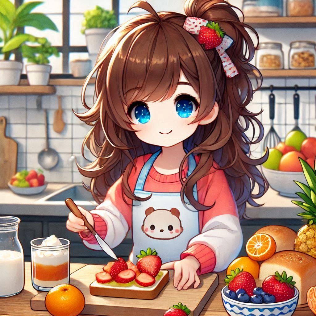 フルーツサンドを作る小さな女の子