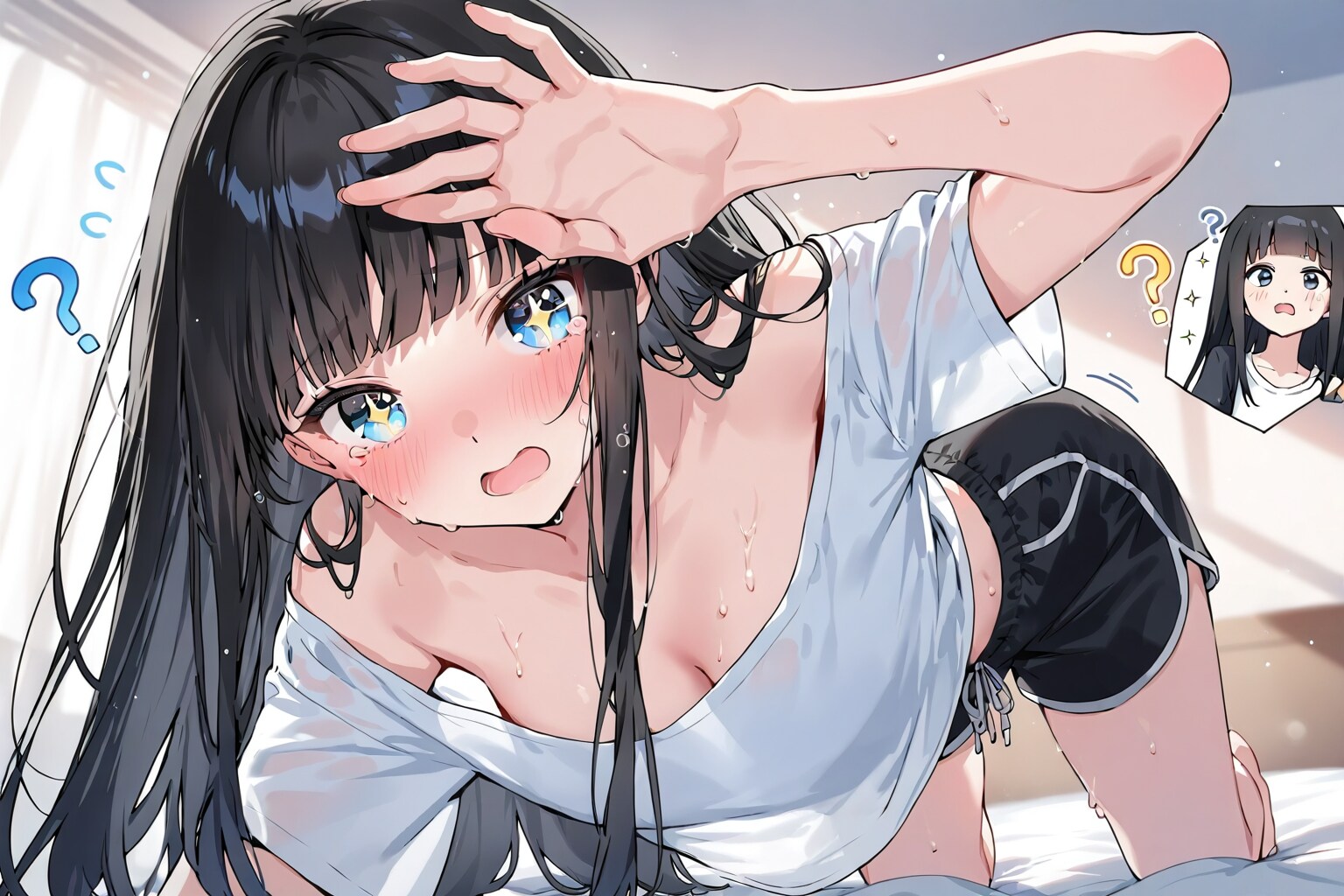 朝イチで自己嫌悪＆記憶喪失気味の可愛い子が、濡れた白Tシャツが体に張り付いて困り果ててる姿を、キラキラ光る汗と照れ顔と疑問符の嵐で全力で描いた、令和の萌え絵の頂点に君臨するであろう神絵