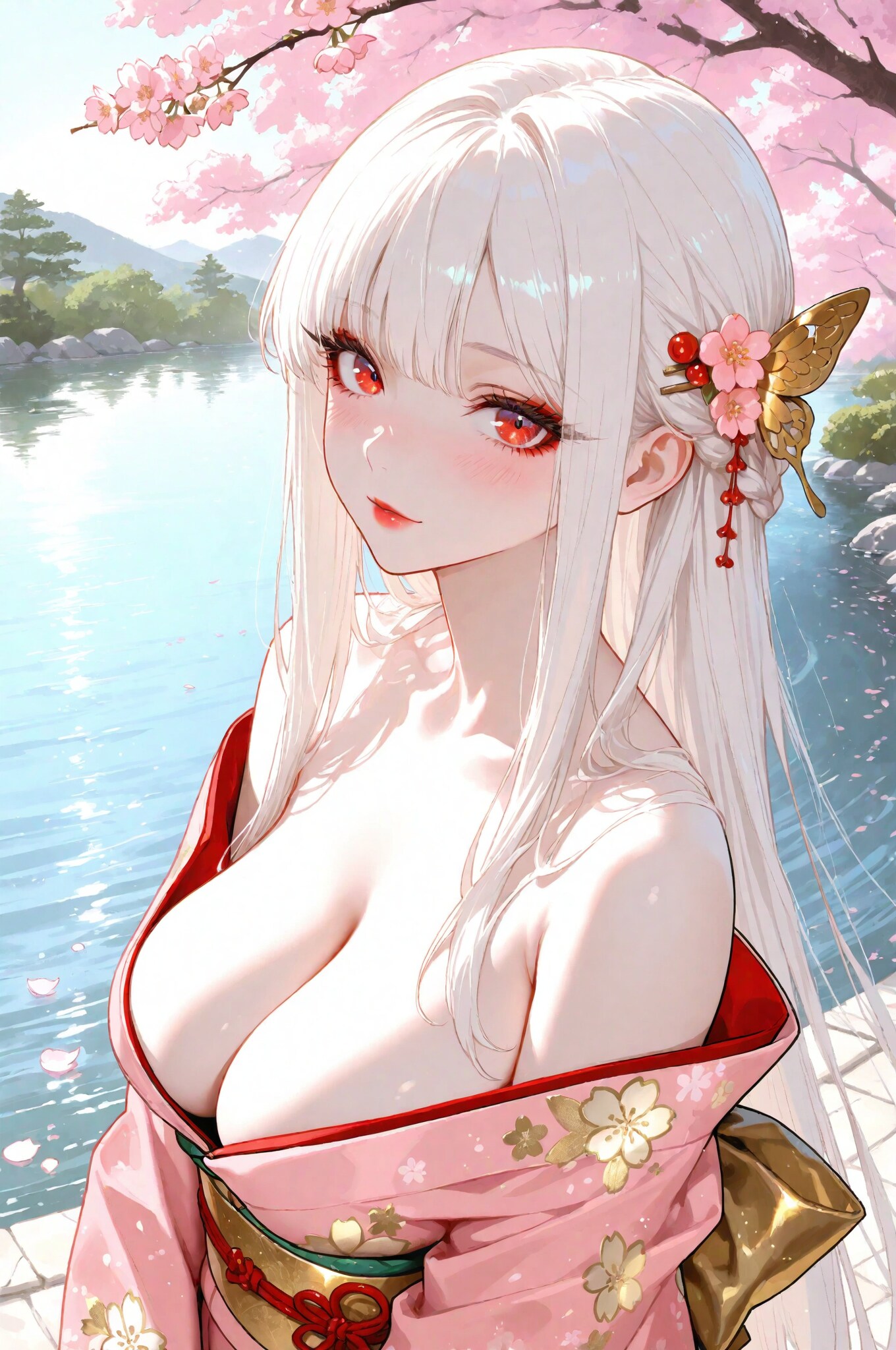桜舞う着物美人