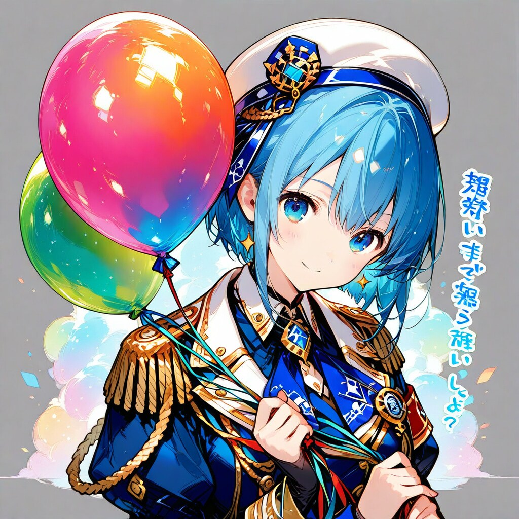 いっぱい風船を持つ青い髪ショートカットの海兵服の美女。 | の人気AIイラスト・グラビア