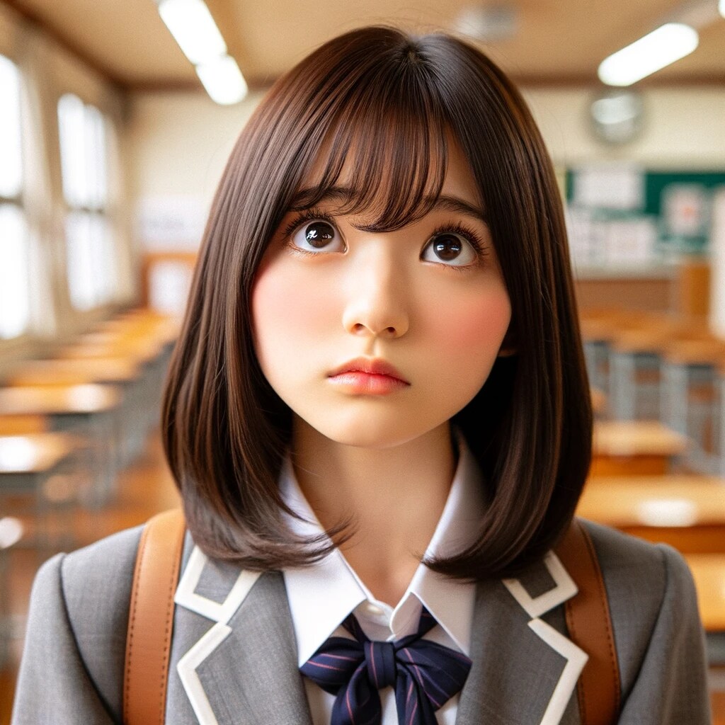 上目遣いで見つめる女子高生