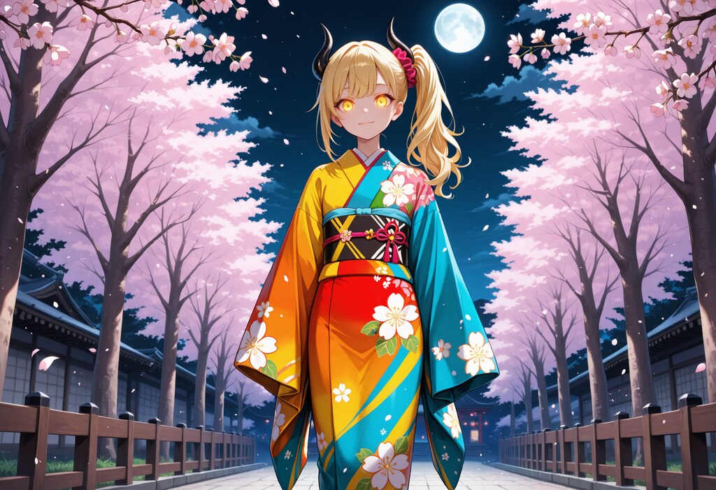 月夜の夜桜とカラフル着物な女鬼高生さん