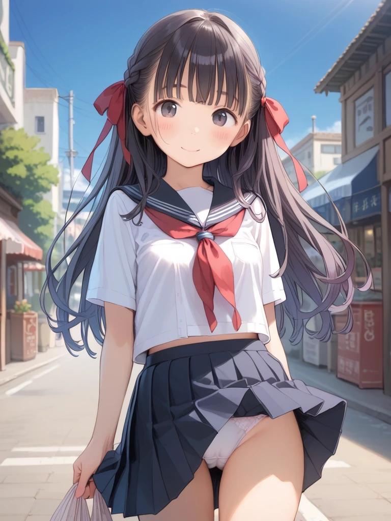 セーラー服長髪J〇ちゃんが買い物帰りに風パンチラ（白）