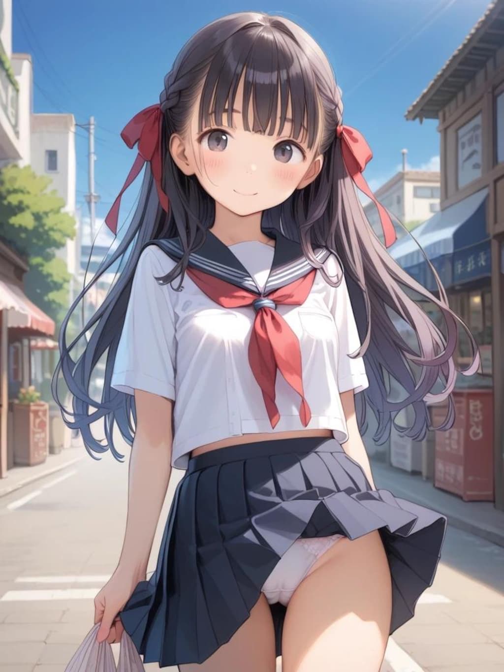 セーラー服長髪J〇ちゃんが買い物帰りに風パンチラ（白）