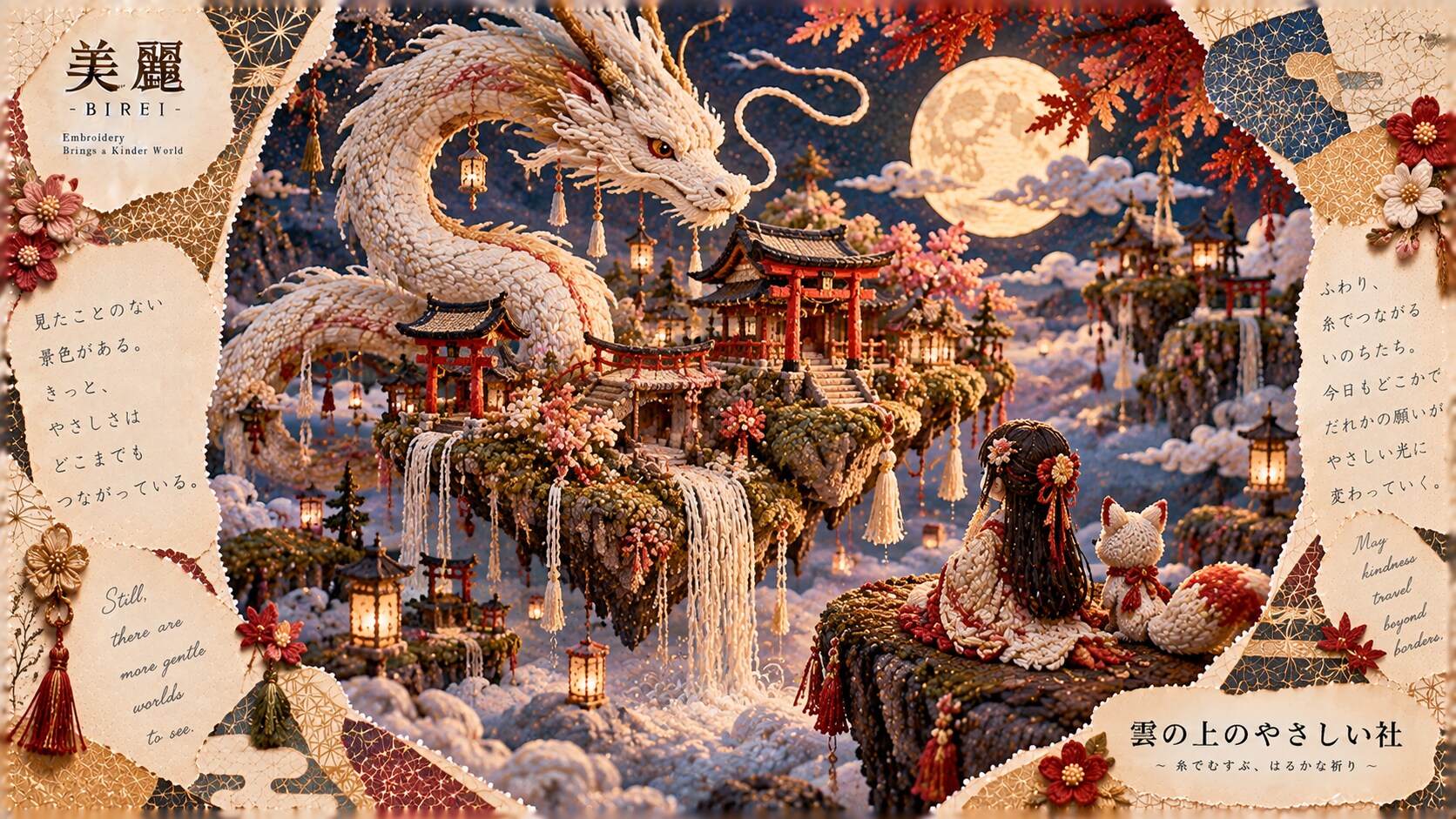 A white dragon woven from thread, watching over a girl and her fox beneath a full moon shrine.  Kind | の人気AIイラスト・グラビア