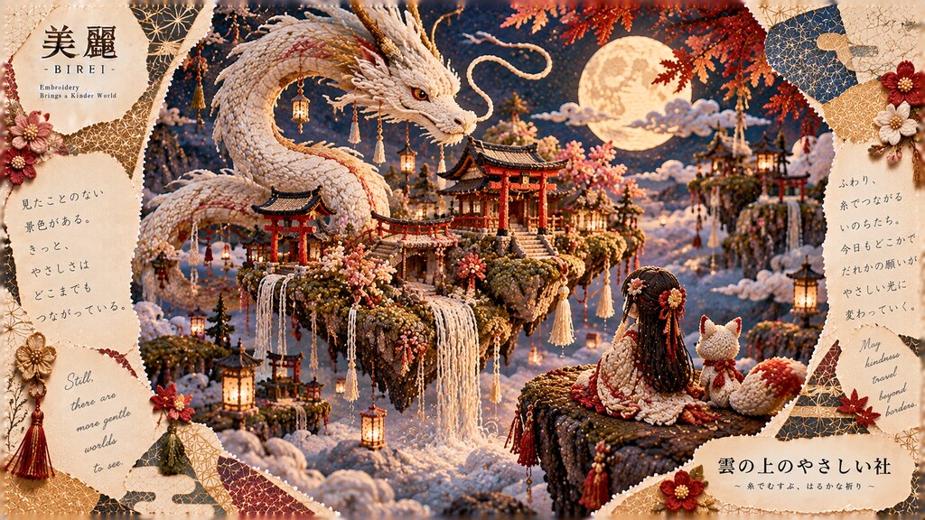 A white dragon woven from thread, watching over a girl and her fox beneath a full moon shrine.  Kind
