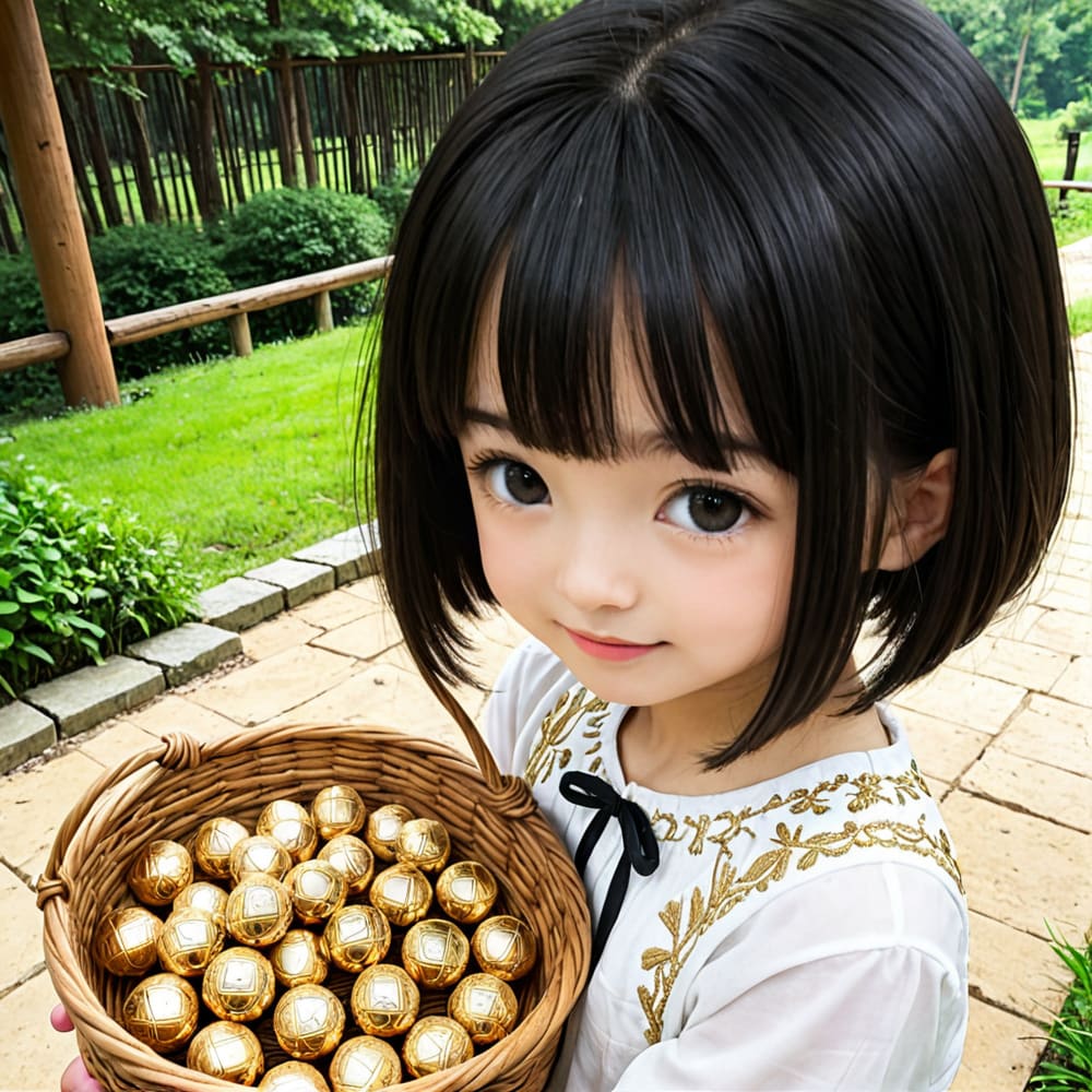 黄金色の実を集める少女