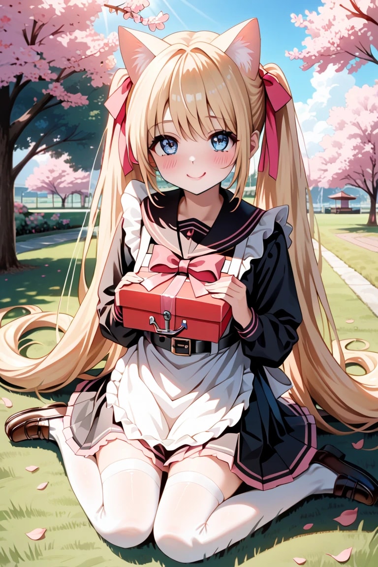 「これ…莉奈からのお礼♡」猫耳メイド金髪ツインテの春プレゼント🌸🐱 | の人気AIイラスト・グラビア