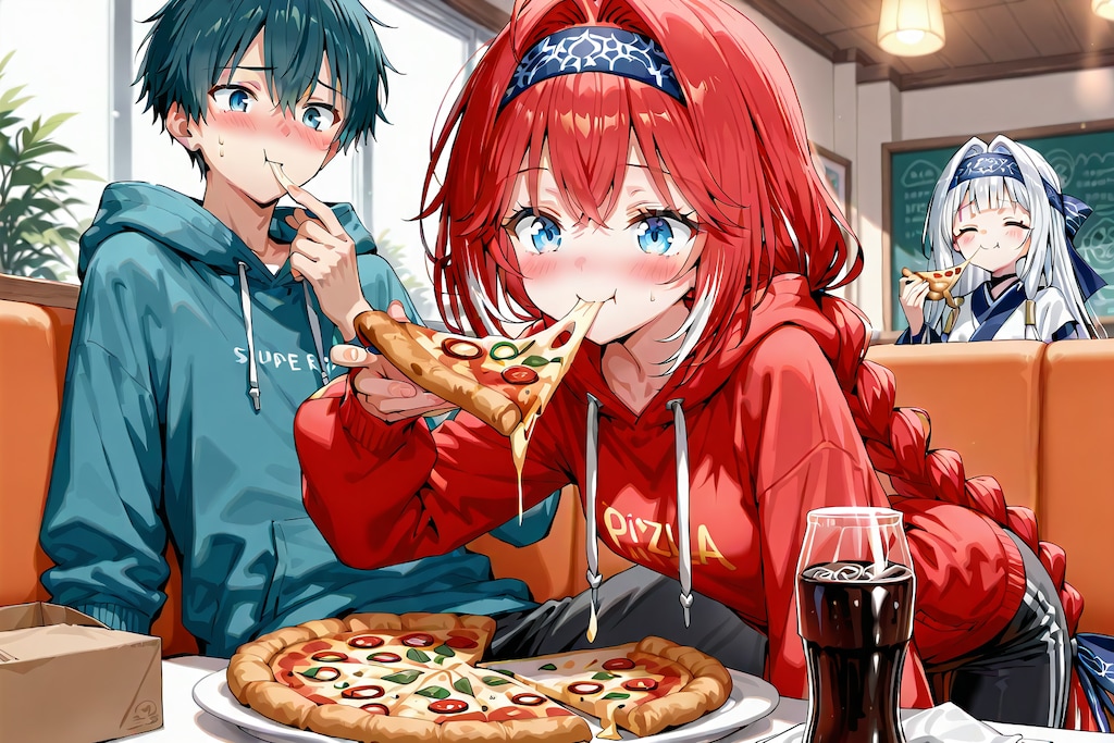 小織くんは美味しそうにピッツァを頬張る！