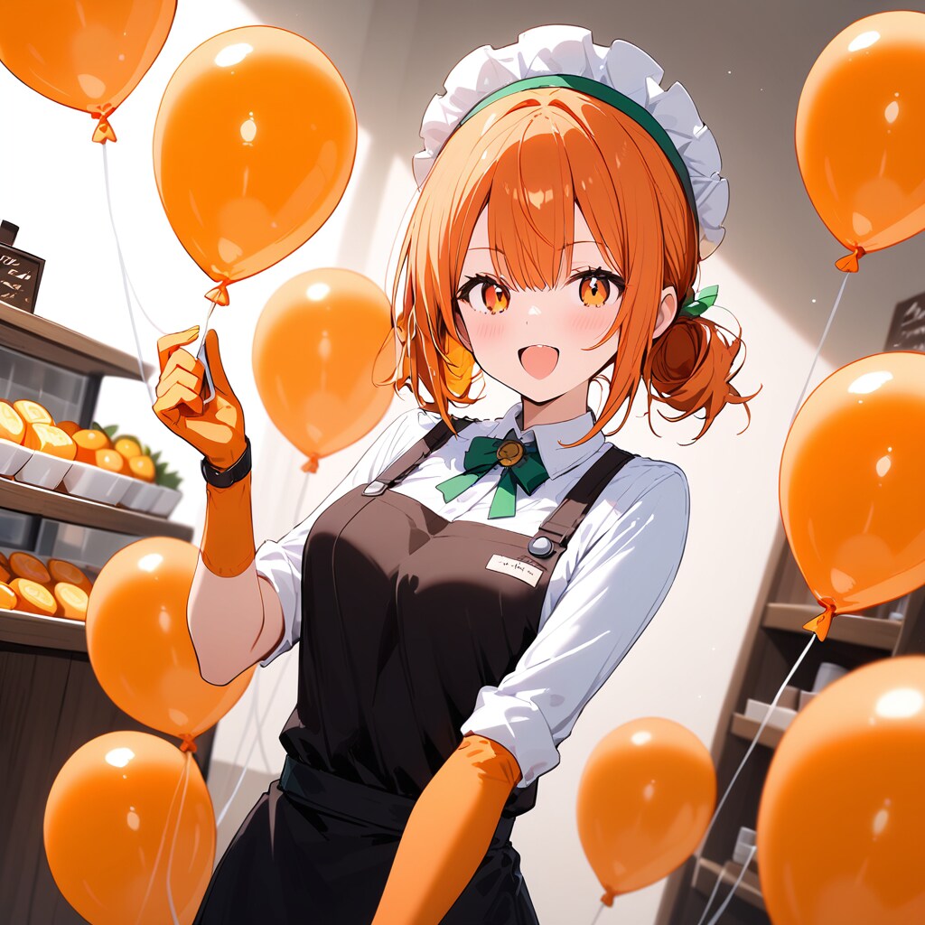 喫茶店いっぱいにオレンジ色の風船を膨らませて遊ぶオレンジ髪の店員さん