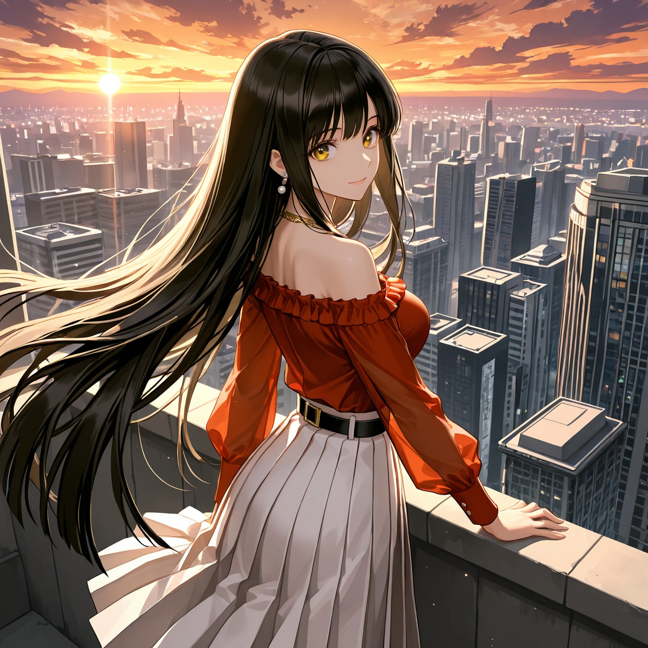 夕陽と黒髪の美少女