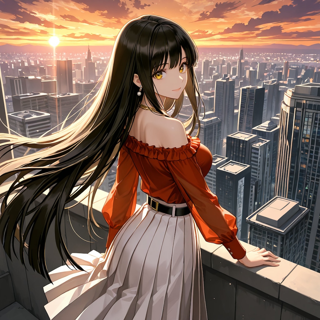 夕陽と黒髪の美少女(モデル：さくら)