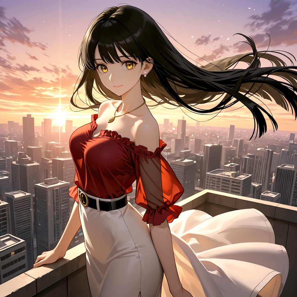 夕陽と黒髪の美少女(モデル：さくら)