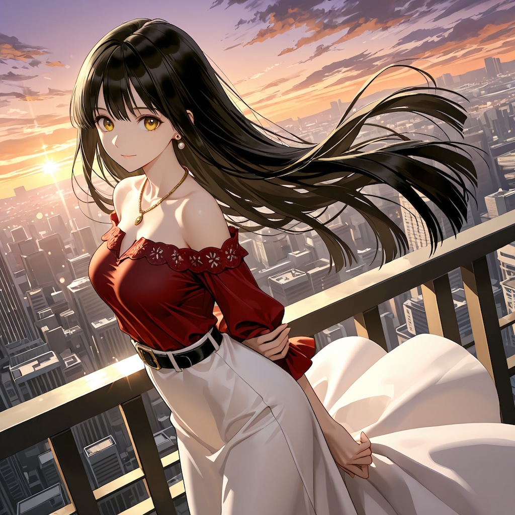 夕陽と黒髪の美少女(モデル：さくら)