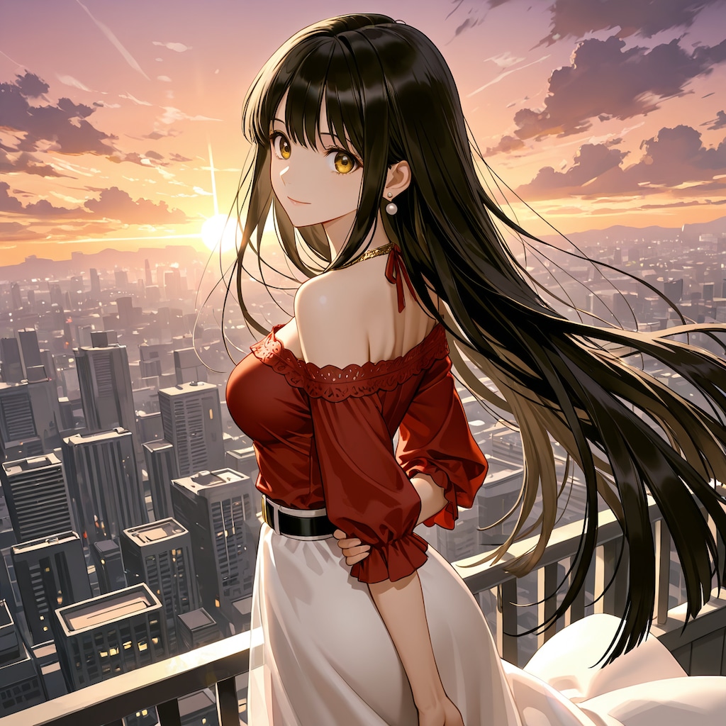夕陽と黒髪の美少女(モデル：さくら)