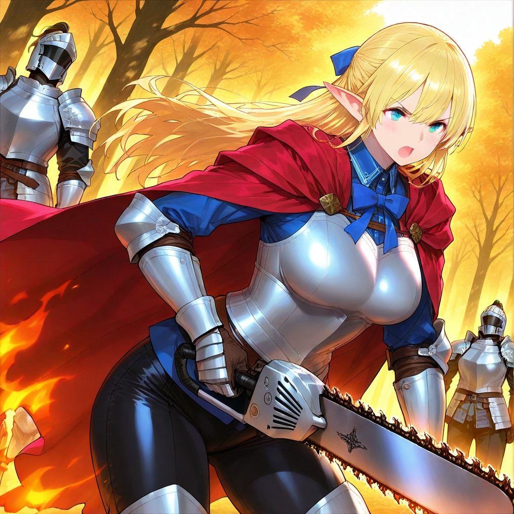 特殊なチェーンソーソードを装備して敵に立ち向かうエルフ騎士と配下の騎士団