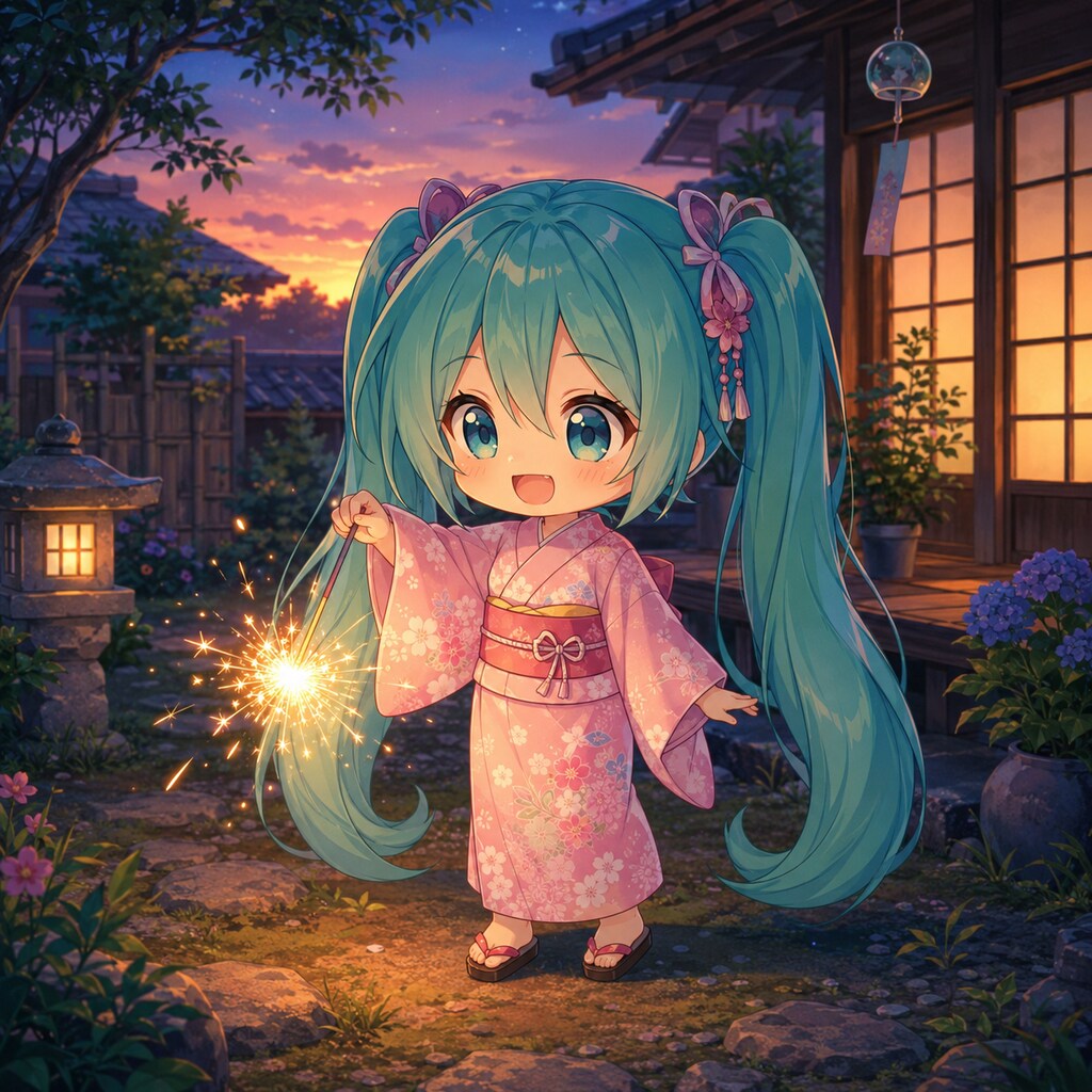 ちびミクが花火をしている