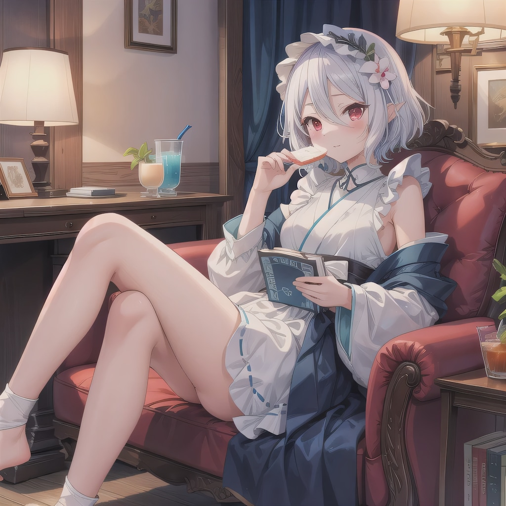 白髪ボブで書斎の少女