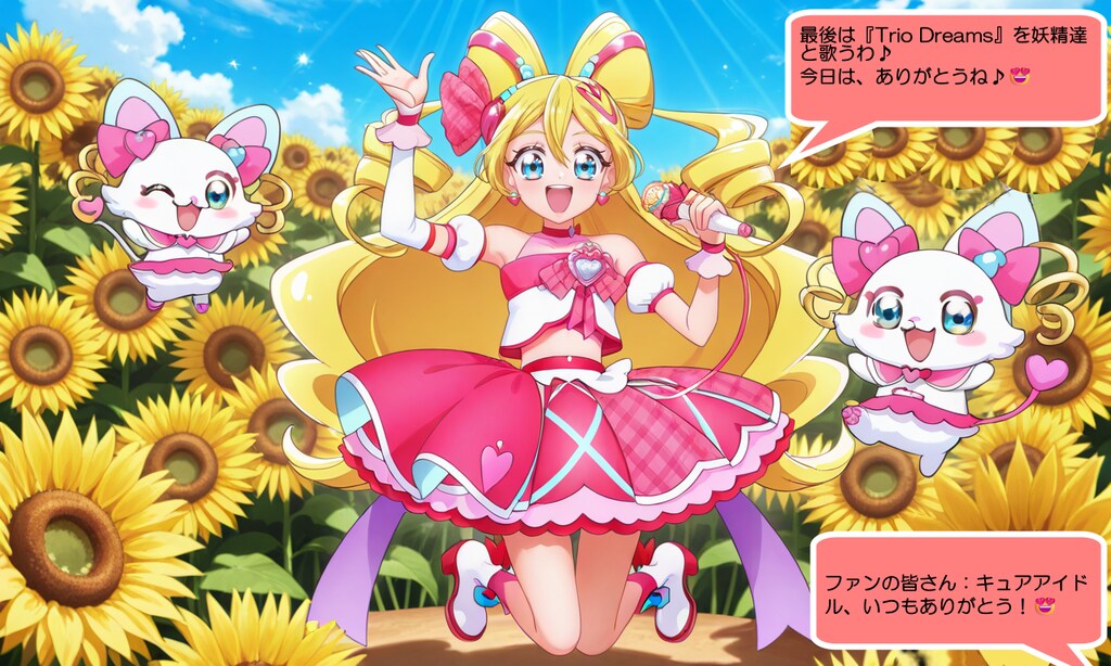 キュアアイドル、向日葵畑に設置された特設ステージで熱唱する
