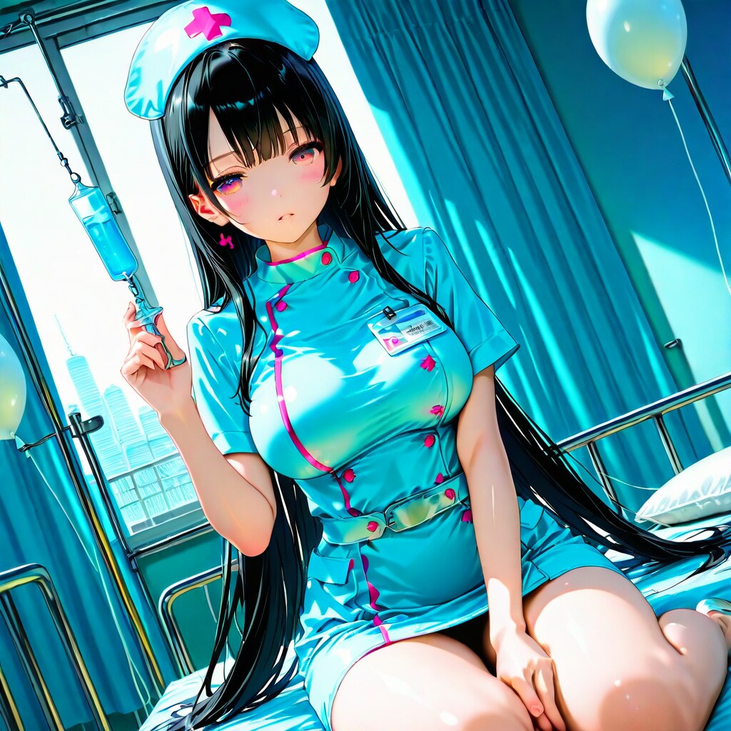 病室で風船を膨らませて遊ぶ黒髪ロングのナース服の美女 | の人気AIイラスト・グラビア
