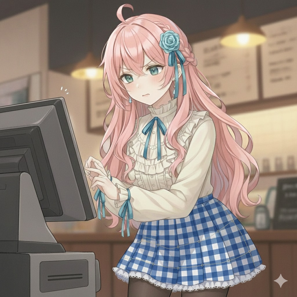 注文機械と戦うピンク髪ちゃん