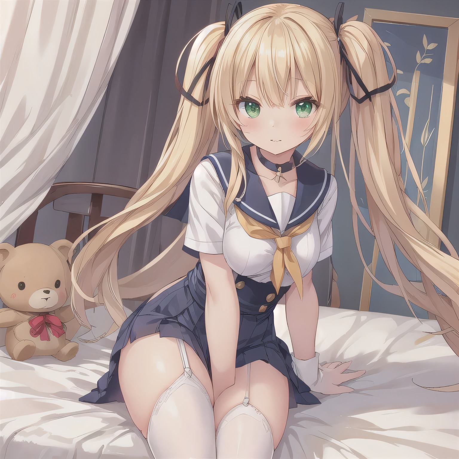 金髪ロングで寝室の少女８ | の人気AIイラスト・グラビア