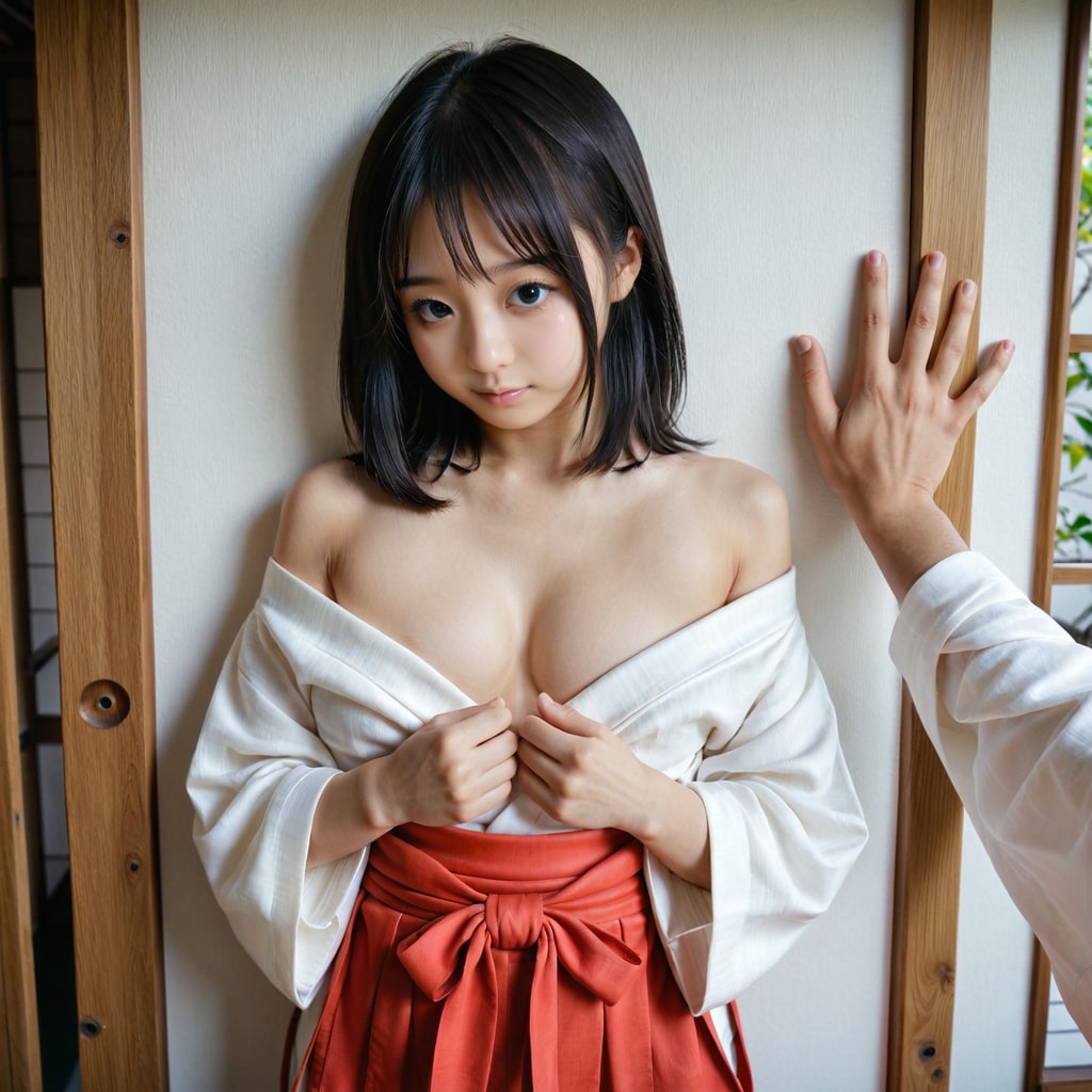 巫女さんに壁ドンで迫る