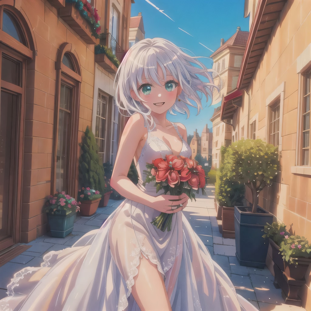 灰髪ボブでウェディングドレスの少女