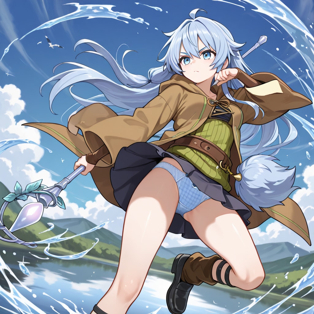 水霊使いエリアが水の魔法を操ってパンチラ