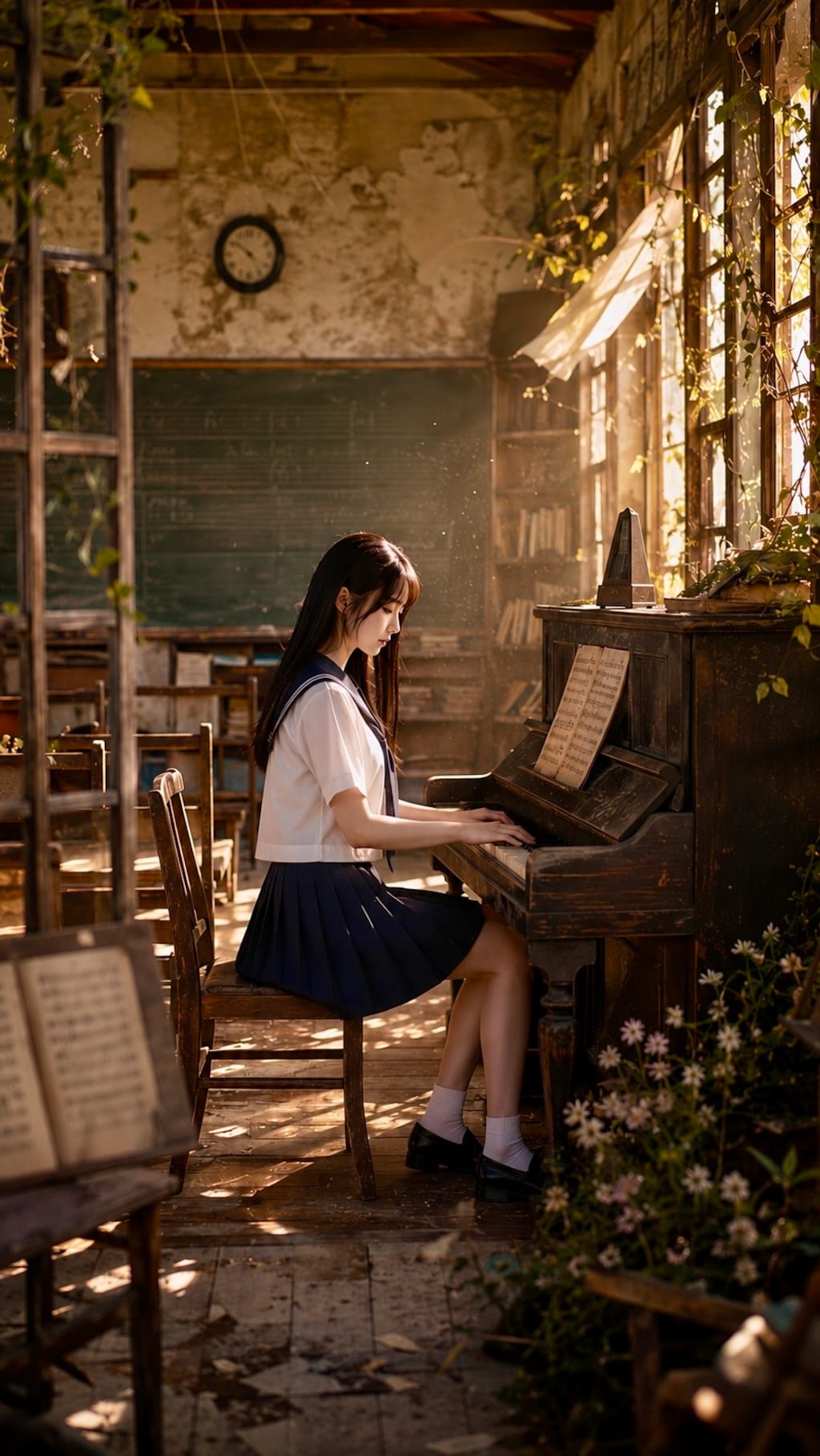 廃校の音楽室で昔のピアノを弾く少女