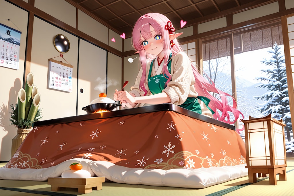 正月の準備を始めるエルフの女の子