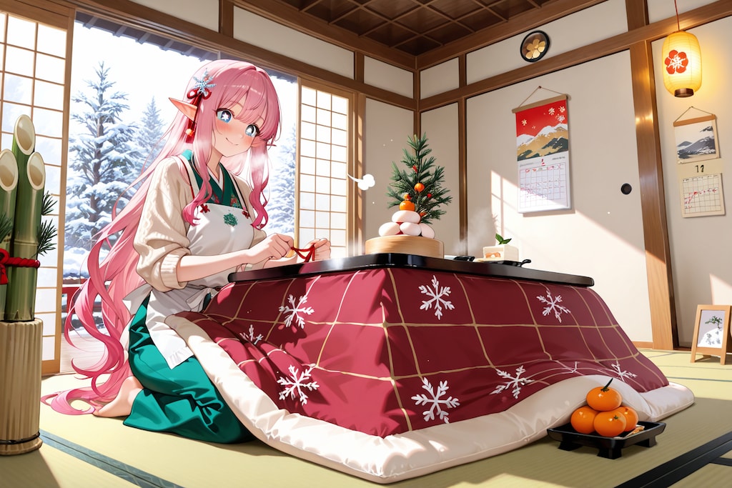 正月の準備を始めるエルフの女の子