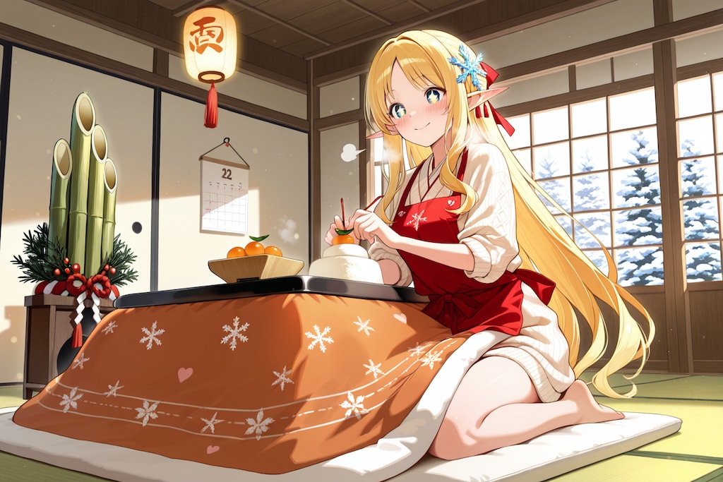 正月の準備を始めるエルフの女の子