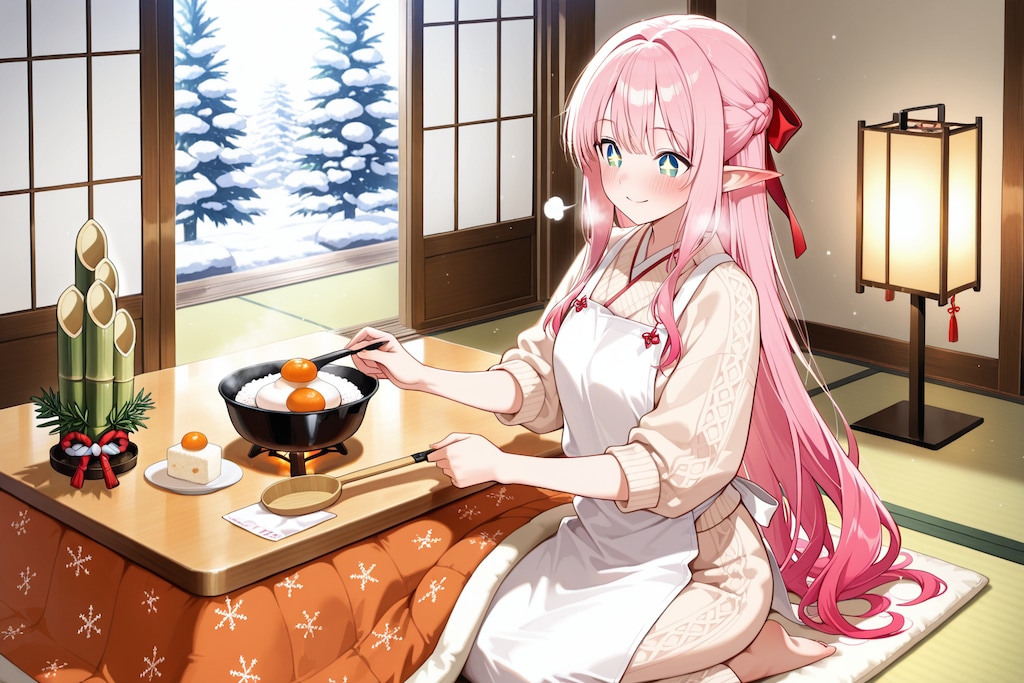 正月の準備を始めるエルフの女の子