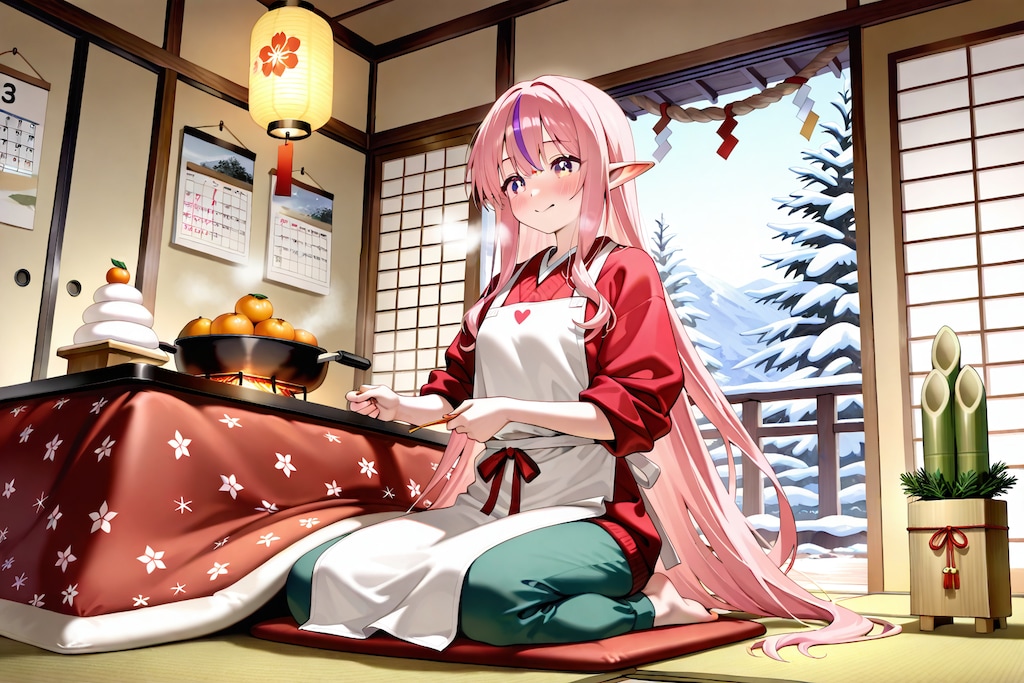 正月の準備を始めるエルフの女の子